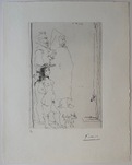 Pablo Picasso, Trois personnages, dont une caricature d'après El Greco et une d'après Tintin, et un petit chien, 1966