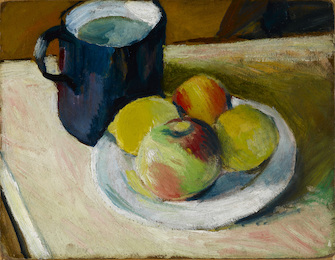 August Macke, Milchkrug und Äpfel auf Teller (Rückseite: Haus in Tegernsee, Zwiebel), 1909